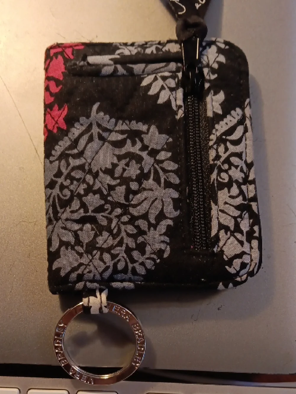 Vera Bradley Black White and Pink Floral Quilted ID Case with Key Ring - Picture 2 of 4